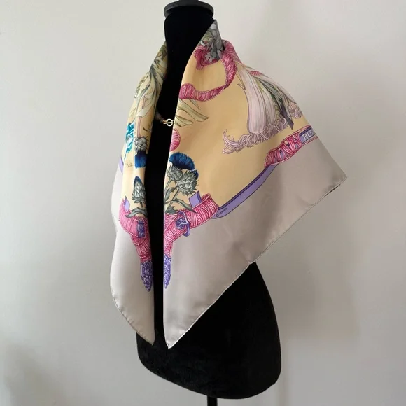 Hermes Floral Bouquet Silk Scarf in Cream Pink Blue - Picture 6 of 9